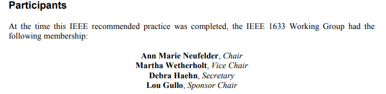IEEE 1633 participants page listing Ann Marie Neufelder as Chair of the IEEE 1633 Working Group