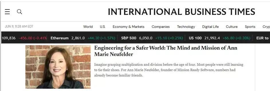 International Business Times feature article on Ann Marie Neufelder, founder of Mission Ready Software, on engineering for a safer world
